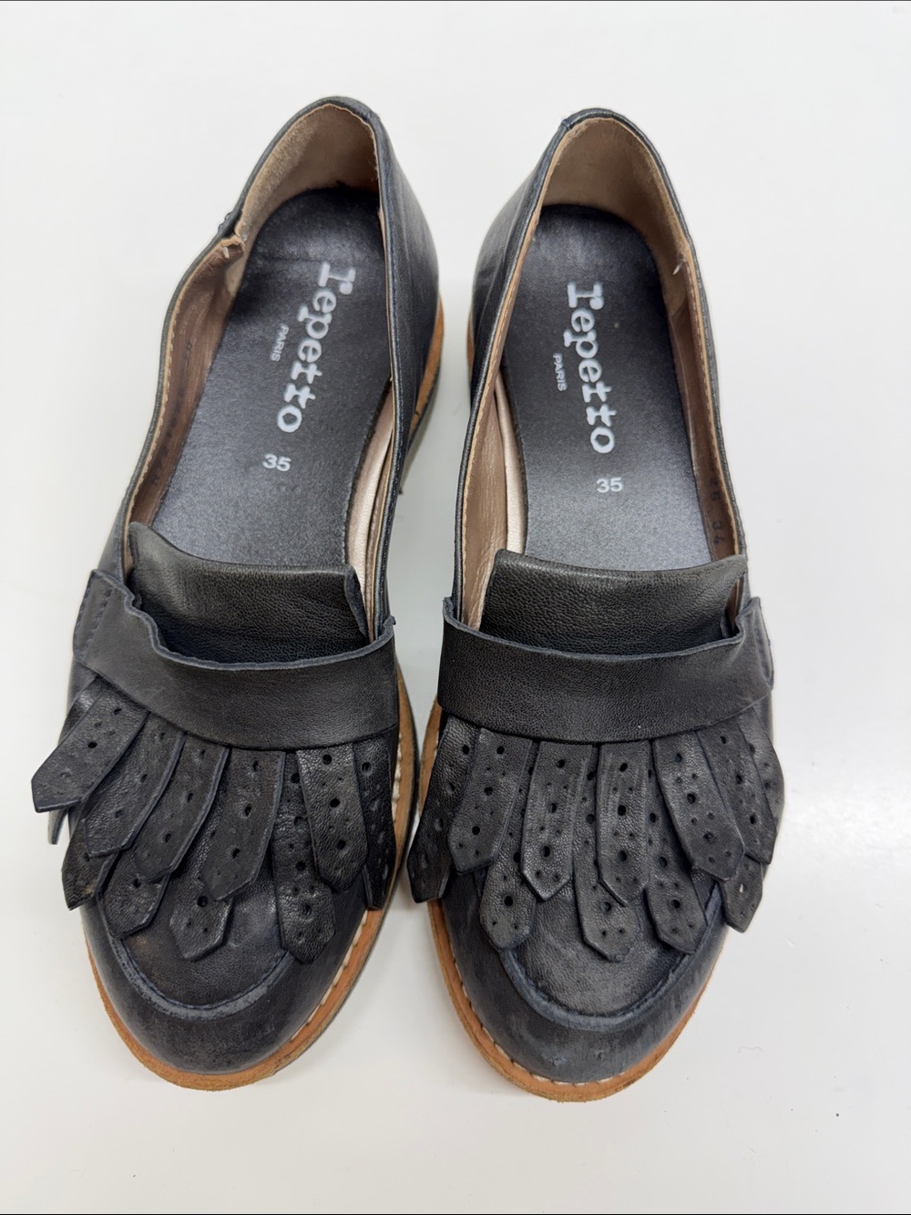 Repetto Paris Loafers Kiltie Fringe Leather Flats Shoes Navy Blue Size 35 / US 4